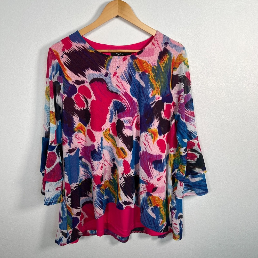 Calessa Artwear Tunic Top Womens M Mesh Colorful Layered Bell Sleeve Stretch